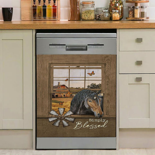 Simply Blessed Black Horse Windmill Dishwasher Cover, Bible Verse Dishwasher Wrap, Inspirational Kitchen Decoration
