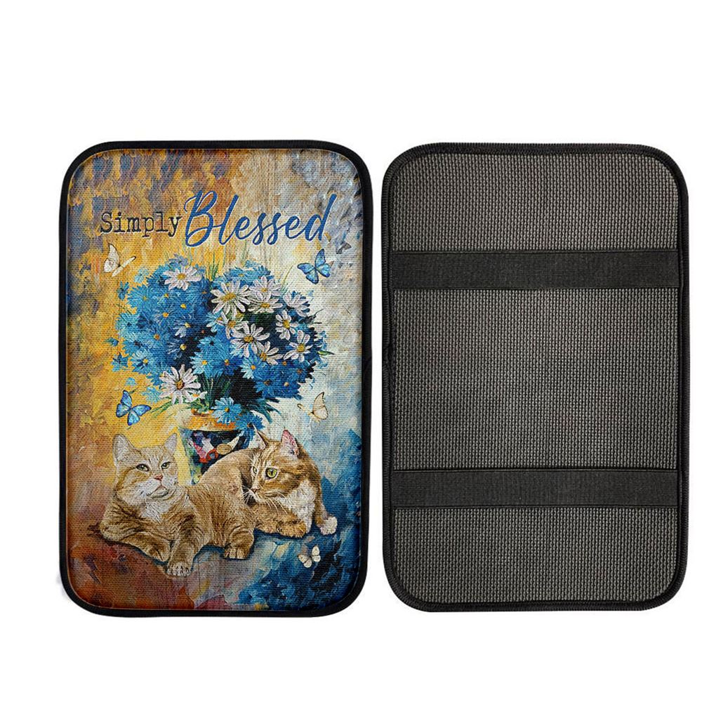 Simply Blessed Blue Daisy Flowers Fluffy Cats Car Center Console Cover, Christian Gift Car Armrest Pad