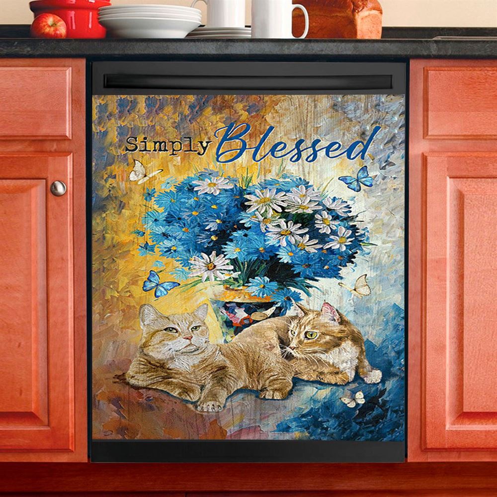 Simply Blessed Blue Daisy Flowers Fluffy Cats Dishwasher Cover, Bible Verse Dishwasher Wrap, Inspirational Kitchen Decoration