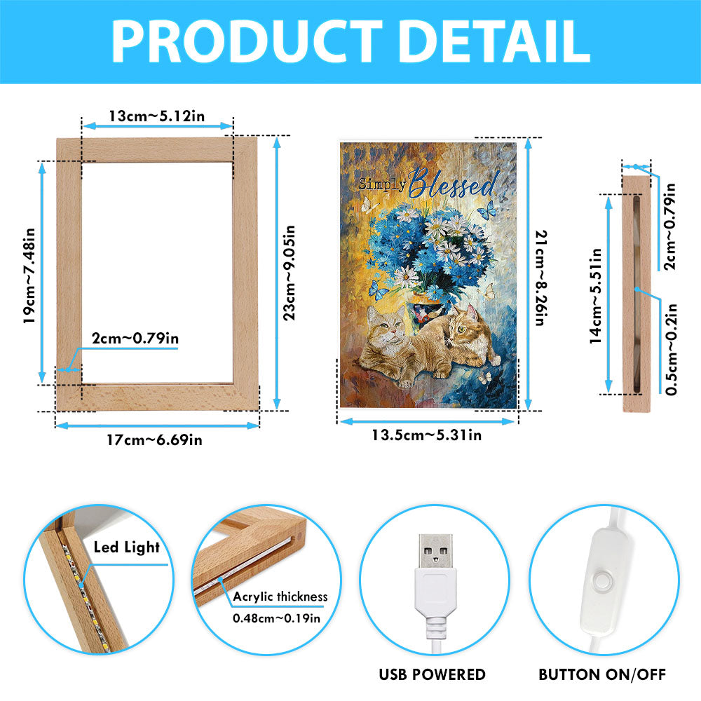 Simply Blessed Blue Daisy Flowers Fluffy Cats Frame Lamp Art - Bible Verse Wooden Lamp - Inspirational Art - Christian Home Decor