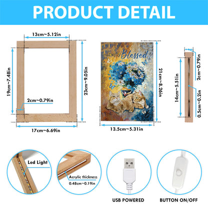 Simply Blessed Blue Daisy Flowers Fluffy Cats Frame Lamp Art - Bible Verse Wooden Lamp - Inspirational Art - Christian Home Decor