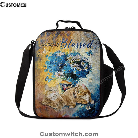 Simply Blessed Blue Daisy Flowers Fluffy Cats Lunch Bag, Bible Verse Lunch Bag For Men And Women