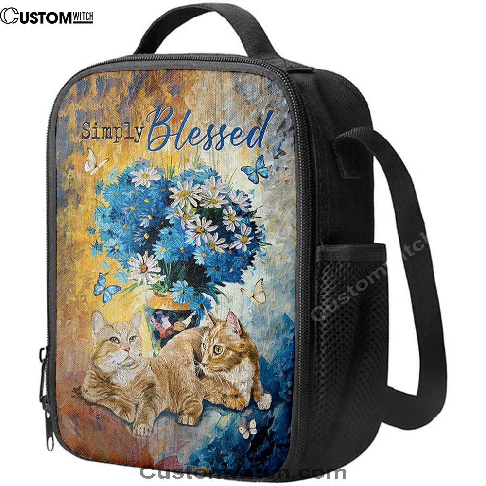 Simply Blessed Blue Daisy Flowers Fluffy Cats Lunch Bag, Bible Verse Lunch Bag For Men And Women