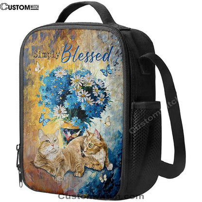 Simply Blessed Blue Daisy Flowers Fluffy Cats Lunch Bag, Bible Verse Lunch Bag For Men And Women