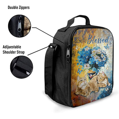 Simply Blessed Blue Daisy Flowers Fluffy Cats Lunch Bag, Bible Verse Lunch Bag For Men And Women