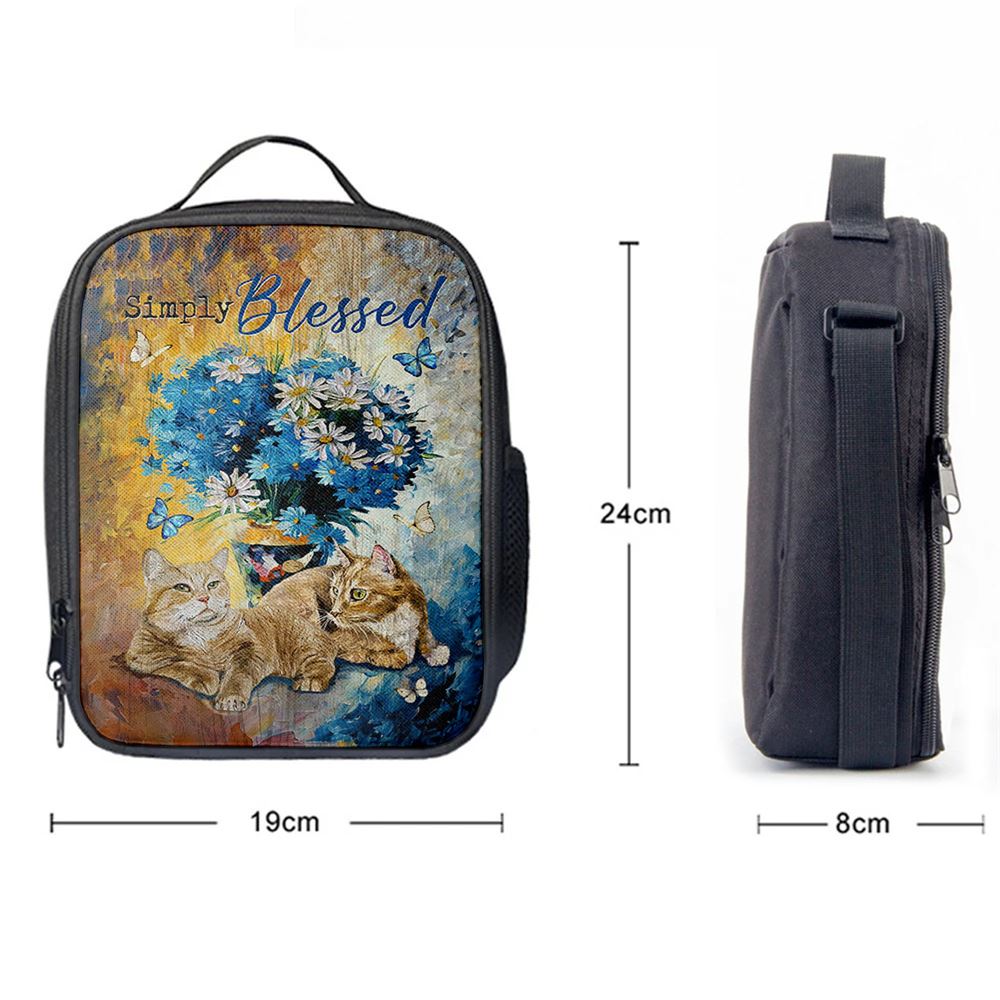 Simply Blessed Blue Daisy Flowers Fluffy Cats Lunch Bag, Bible Verse Lunch Bag For Men And Women