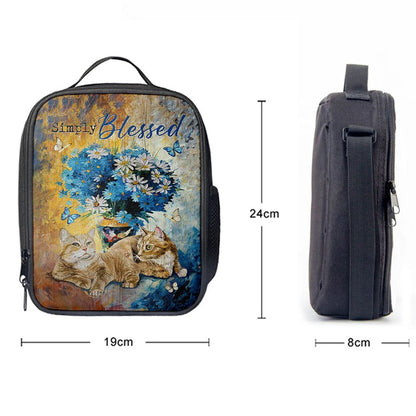Simply Blessed Blue Daisy Flowers Fluffy Cats Lunch Bag, Bible Verse Lunch Bag For Men And Women