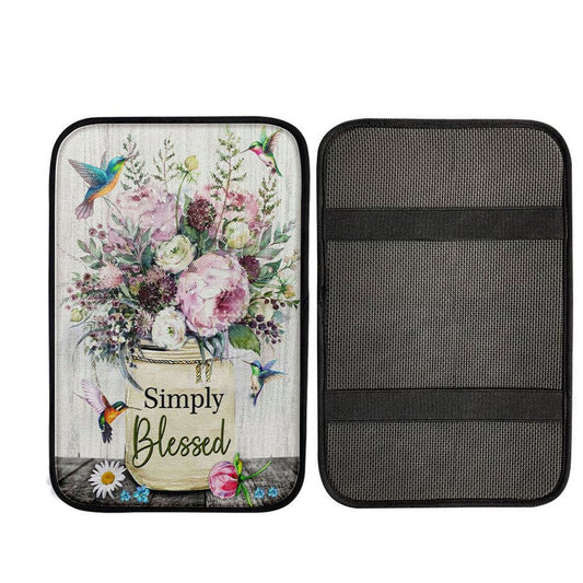 Simply Blessed Car Center Console Cover, Hummingbird Flowers Christian Car Center Console Cover, Christian Gift Car Armrest Pad