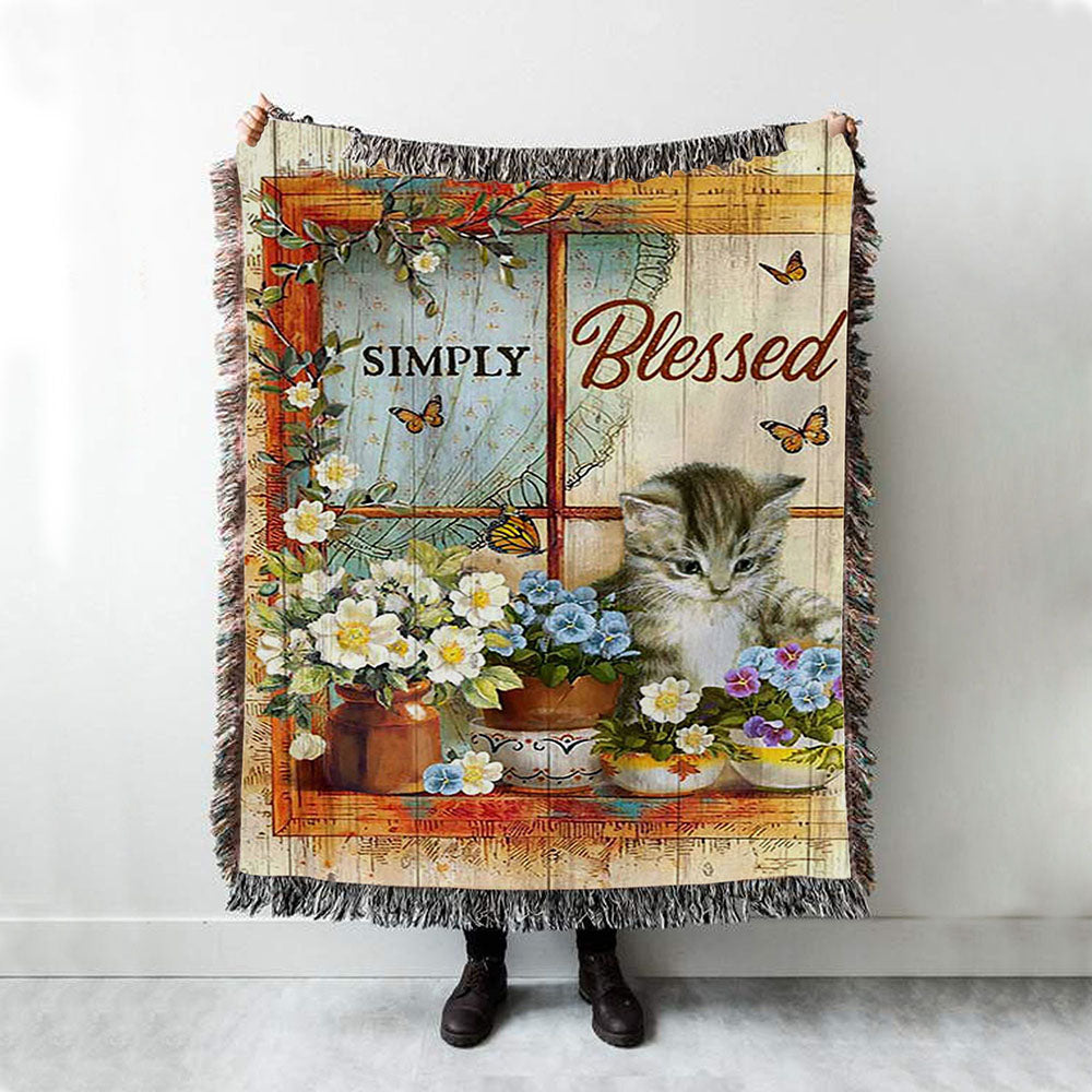 Simply Blessed Cat Butterfly Woven Blanket Print - Inspirational Woven Blanket Art - Christian Throw Blanket Home Decor