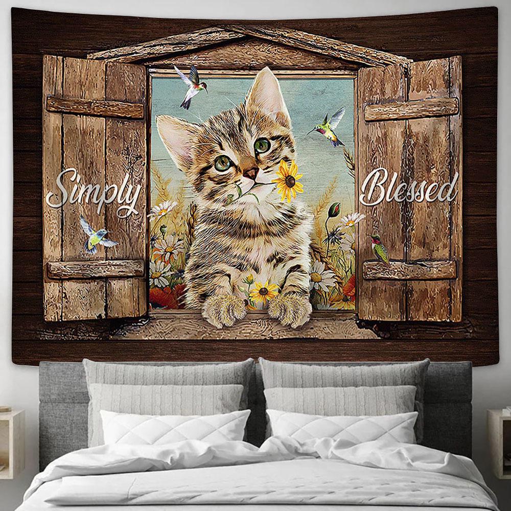 Simply Blessed Cat Yellow Daisy Hummingbird Tapestry Wall Art - Bible Verse Tapestry - Religious Tapestry Wall Hanging
