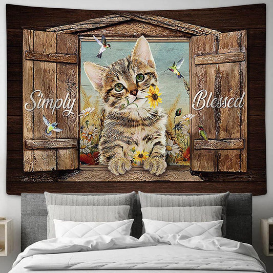 Simply Blessed Cat Yellow Daisy Hummingbird Tapestry Wall Art - Bible Verse Tapestry - Religious Tapestry Wall Hanging