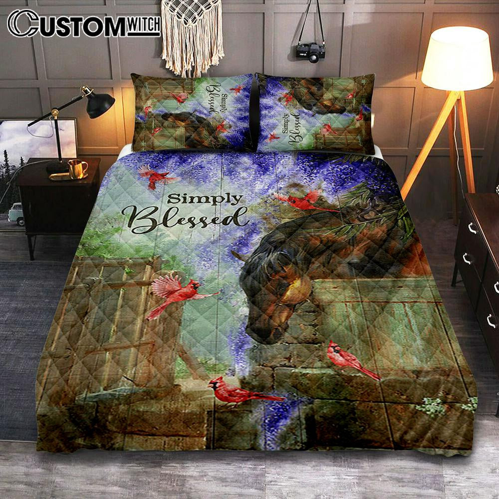 Simply Blessed Dream Horse Red Cardinal Quilt Bedding Set Print - Inspirational Quilt Bedding Set Art - Christian Bedroom Home Decor