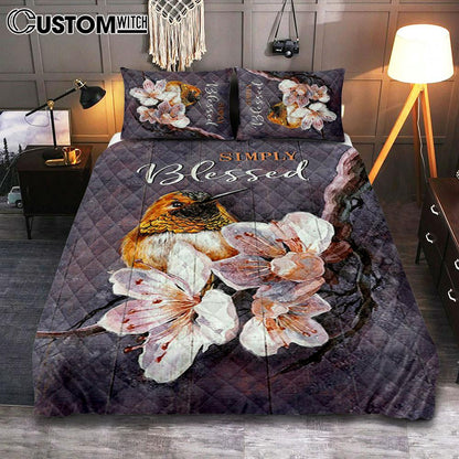 Simply Blessed Flower Yellow Hummingbird Quilt Bedding Set Bedroom - Bible Verse Quilt Bedding Set Art - Christian Home Decor