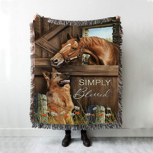 Simply Blessed Horse German Shepherd Woven Blanket Print - Inspirational Woven Blanket Art - Christian Throw Blanket Home Decor