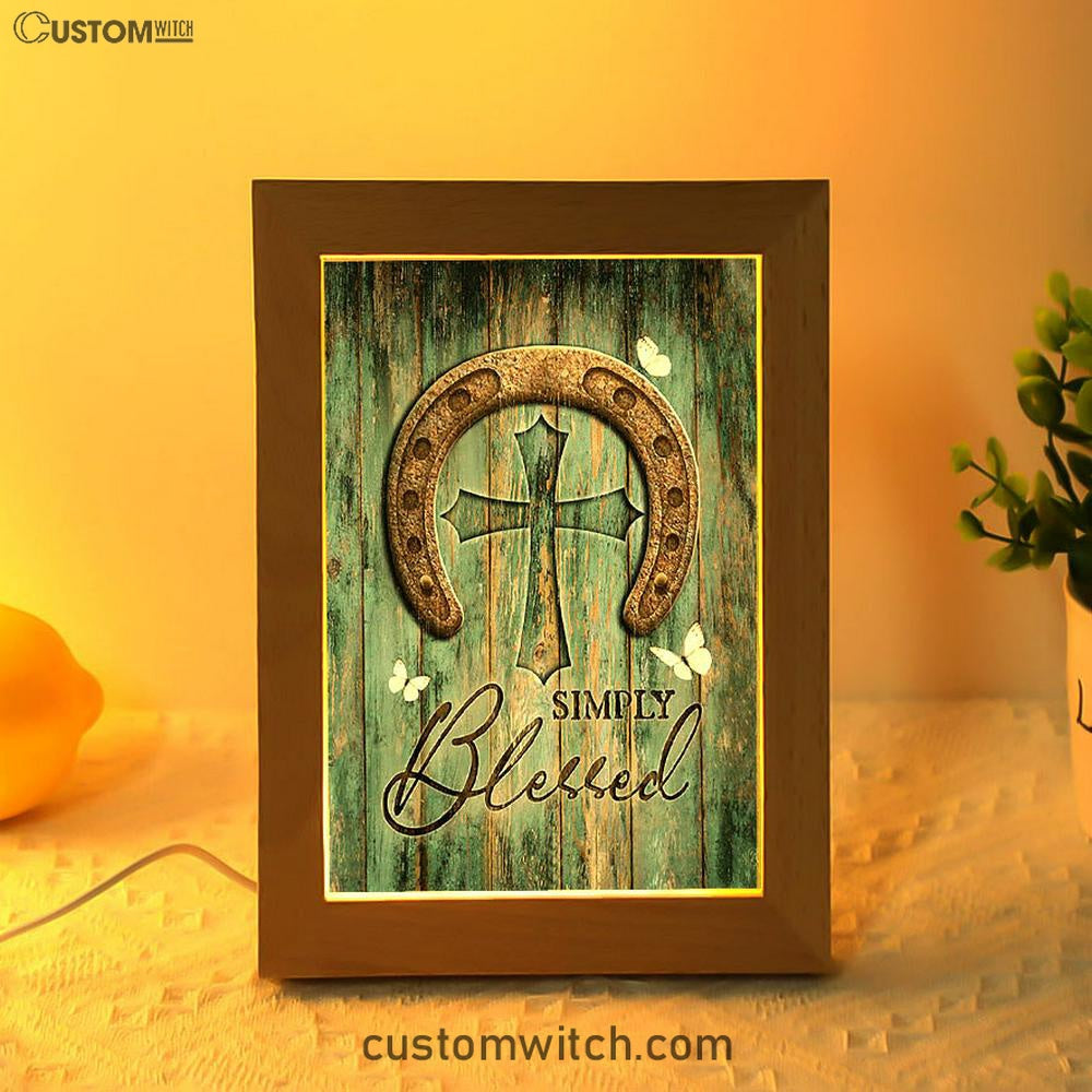 Simply Blessed Horseshoe Cross White Butterfly Frame Lamp Art - Christian Night Light - Bible Verse Wooden Lamp