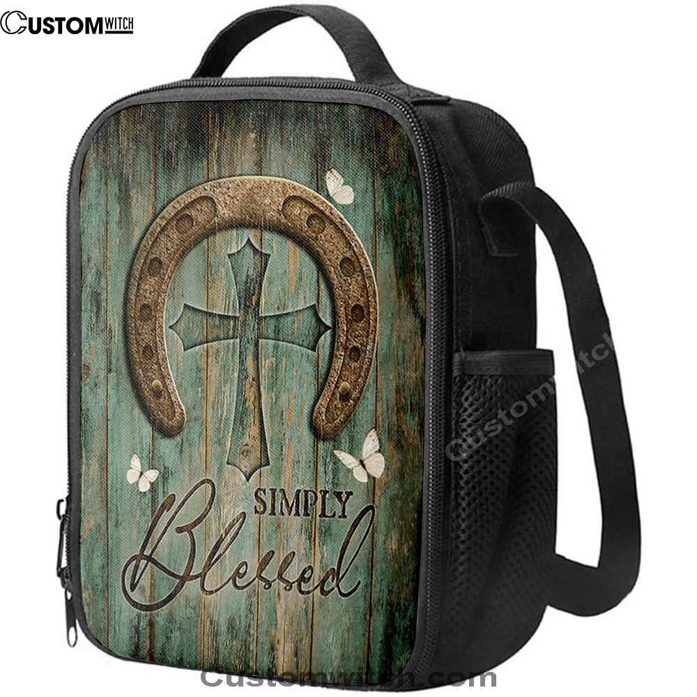 Simply Blessed Horseshoe Cross White Butterfly Lunch Bag, Bible Verse Lunch Bag For Men And Women