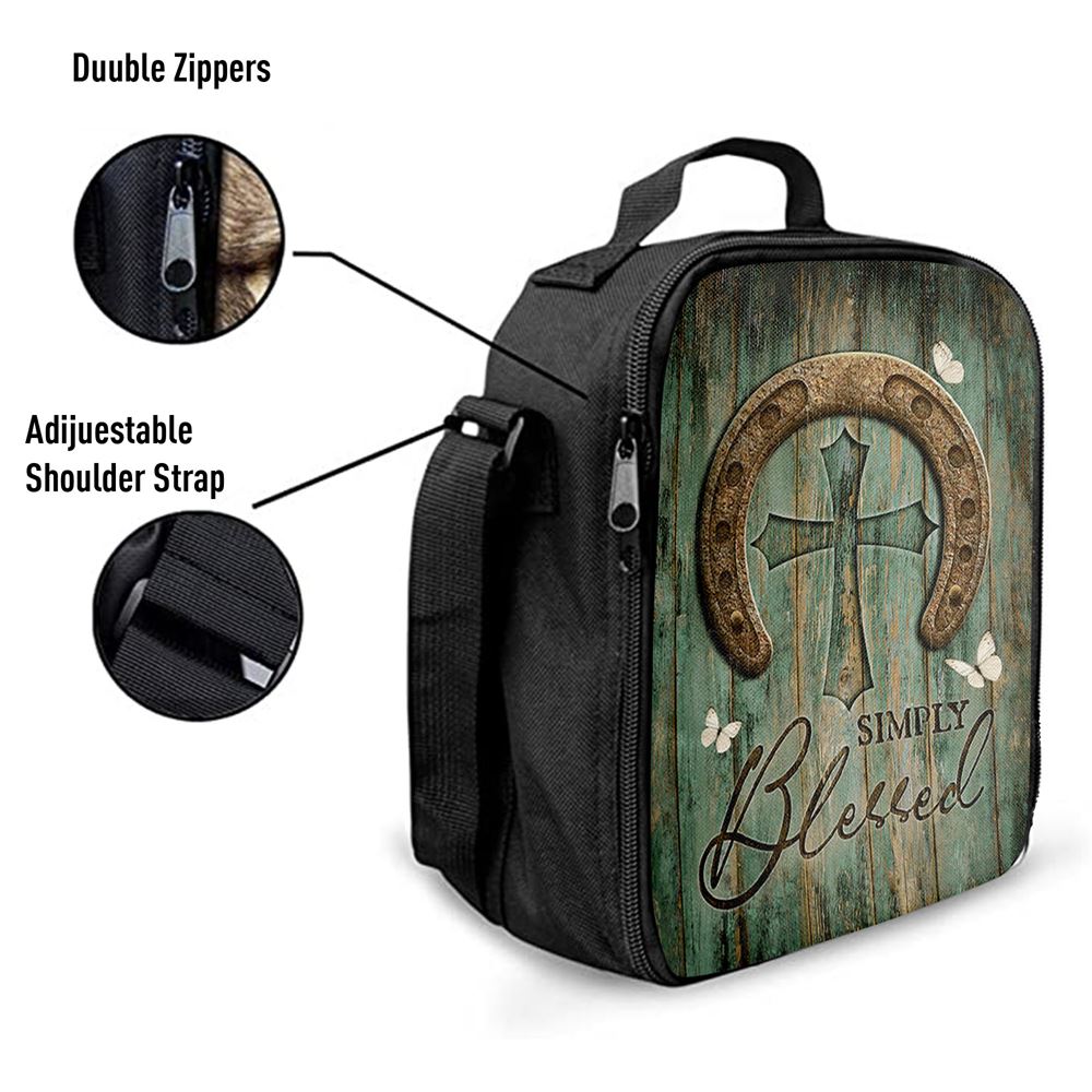 Simply Blessed Horseshoe Cross White Butterfly Lunch Bag, Bible Verse Lunch Bag For Men And Women