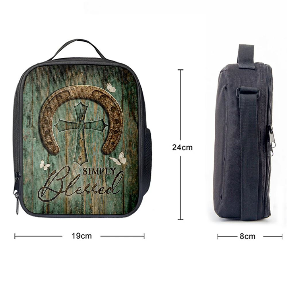 Simply Blessed Horseshoe Cross White Butterfly Lunch Bag, Bible Verse Lunch Bag For Men And Women