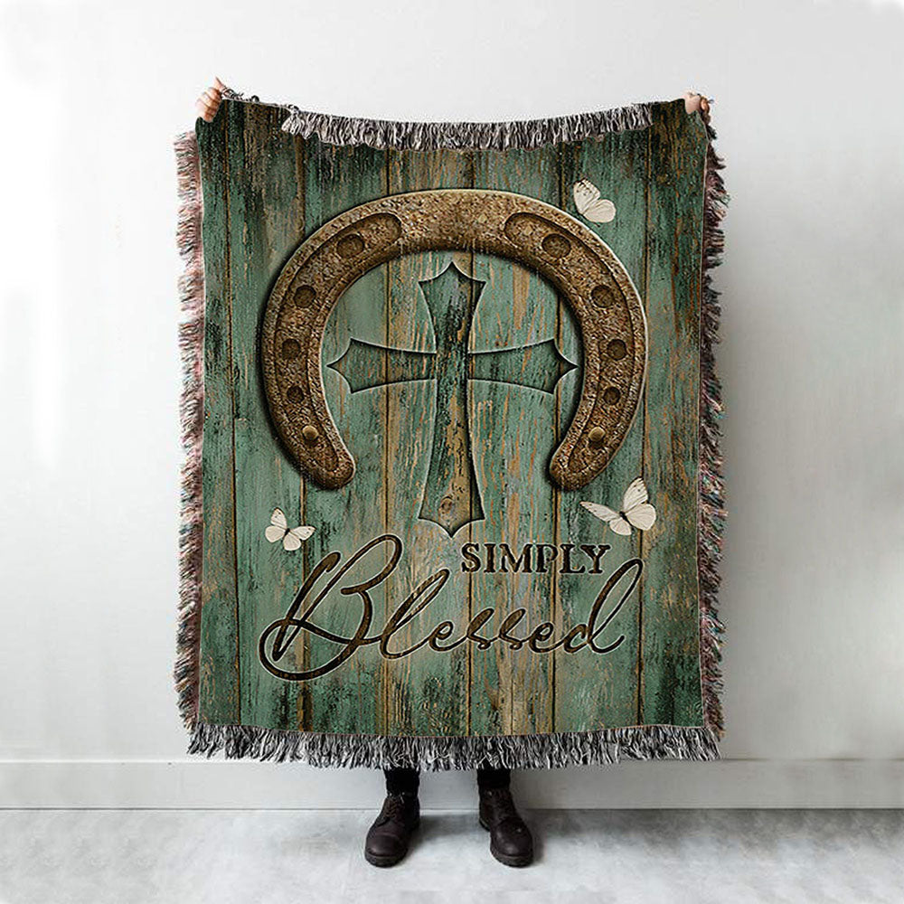 Simply Blessed Horseshoe Cross White Butterfly Woven Throw Blanket - Christian Woven Blanket Prints - Bible Verse Woven Blanket Art
