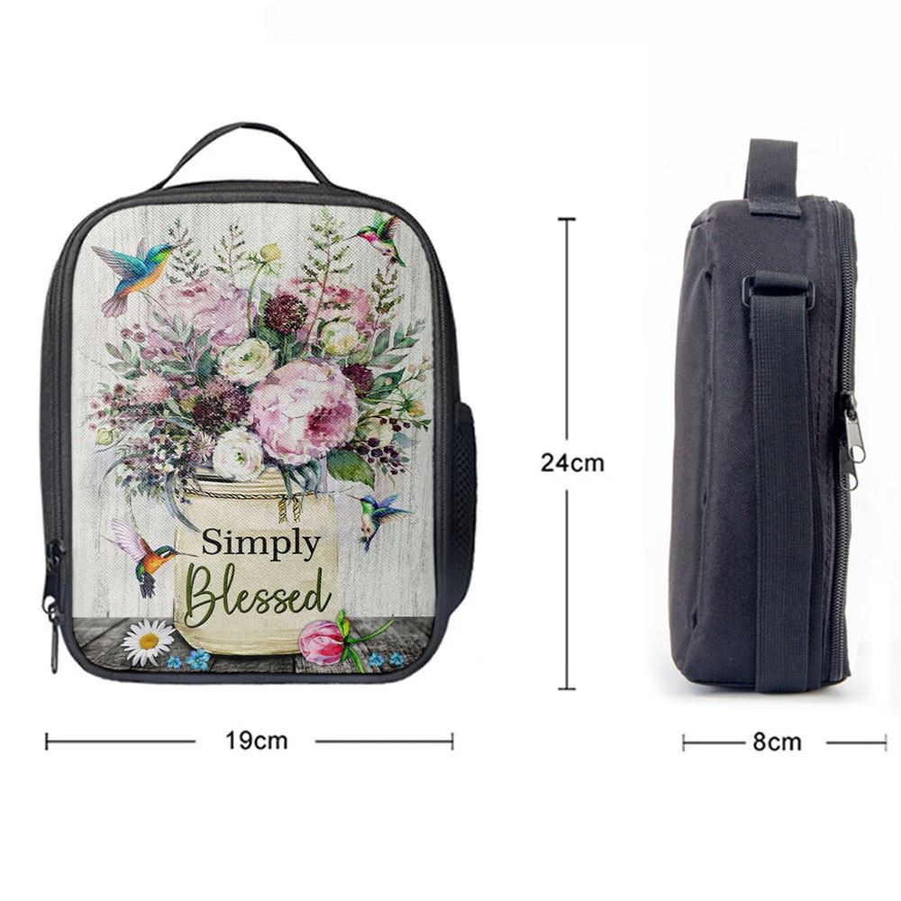 Simply Blessed Lunch Bag, Hummingbird Flowers Christian Lunch Bag, Bible Verse Lunch Bag For Men And Women