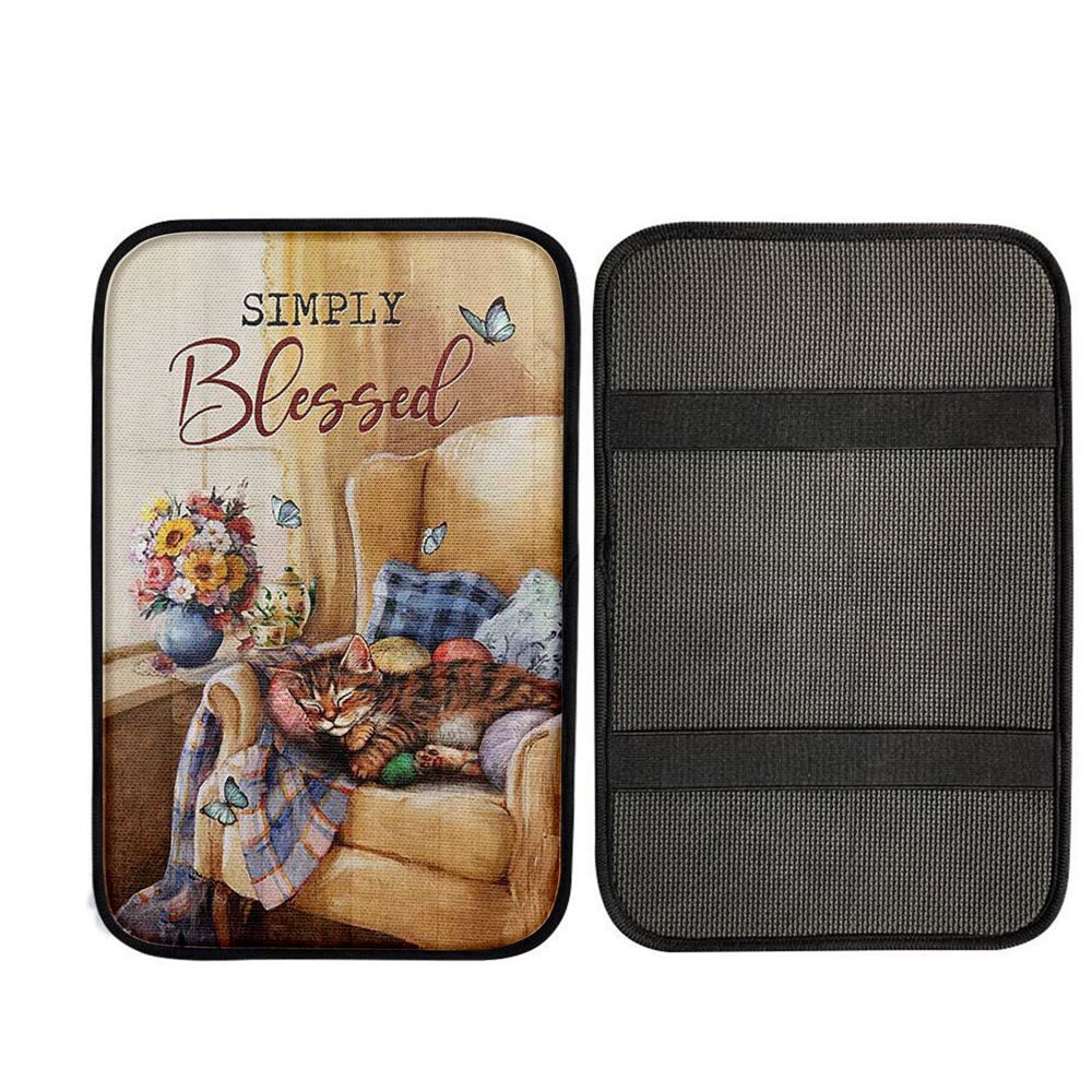 Simply Blessed Room Sleeping Cat Flower Car Center Console Cover, Christian Gift Car Armrest Pad