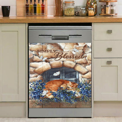 Simply Blessed Room Sleeping Cat Flower Dishwasher Cover, Inspirational Dishwasher Wrap, Christian Kitchen Decoration