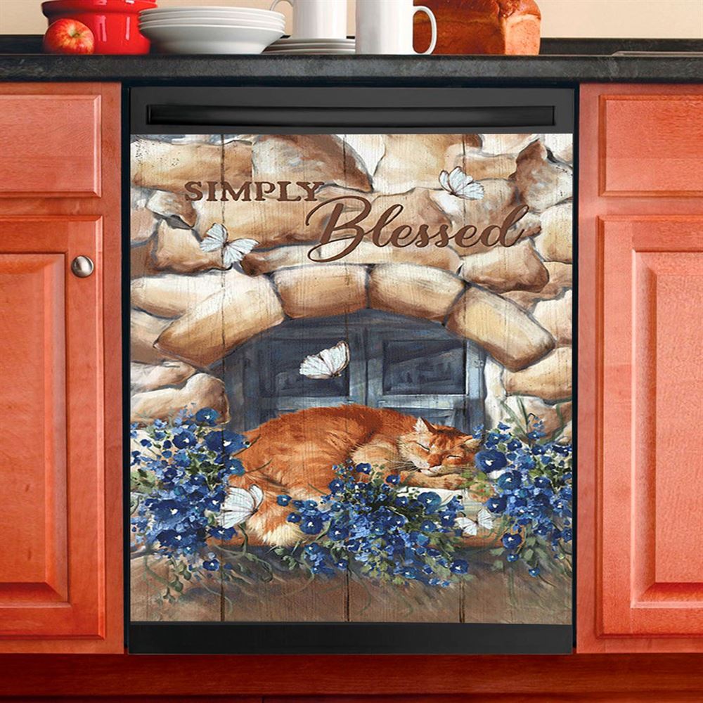 Simply Blessed Room Sleeping Cat Flower Dishwasher Cover, Inspirational Dishwasher Wrap, Christian Kitchen Decoration