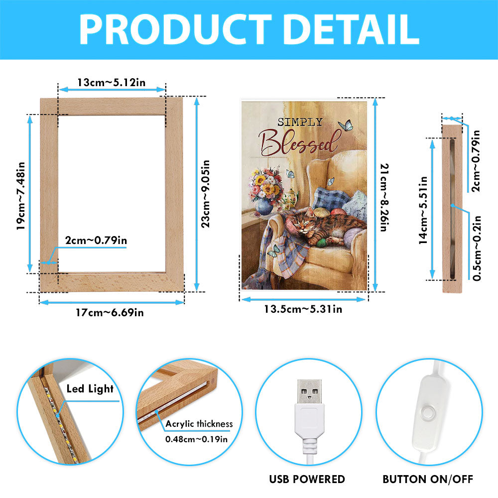 Simply Blessed Room Sleeping Cat Flower Frame Lamp Print - Inspirational Frame Lamp Art - Christian Art Home Decor