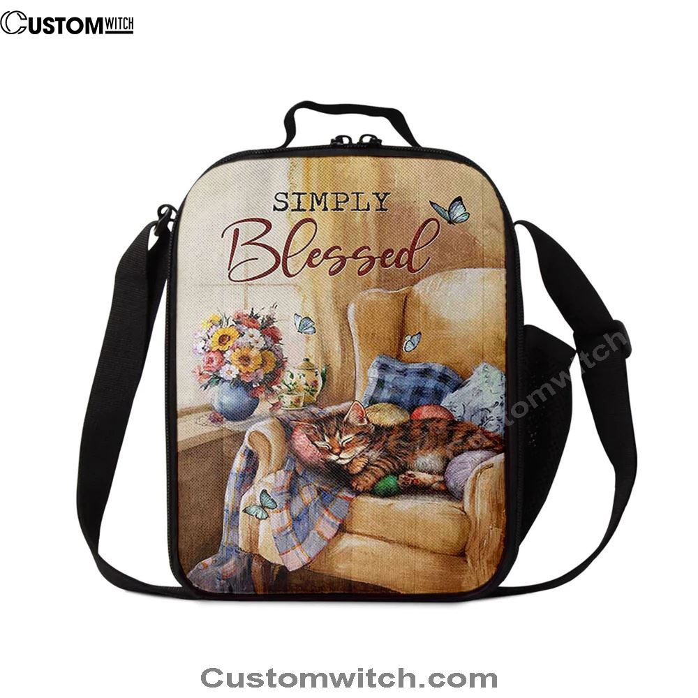 Simply Blessed Room Sleeping Cat Flower Lunch Bag, Bible Verse Lunch Bag For Men And Women