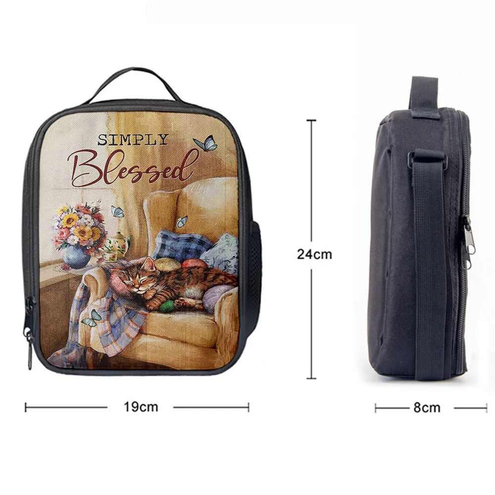 Simply Blessed Room Sleeping Cat Flower Lunch Bag, Bible Verse Lunch Bag For Men And Women
