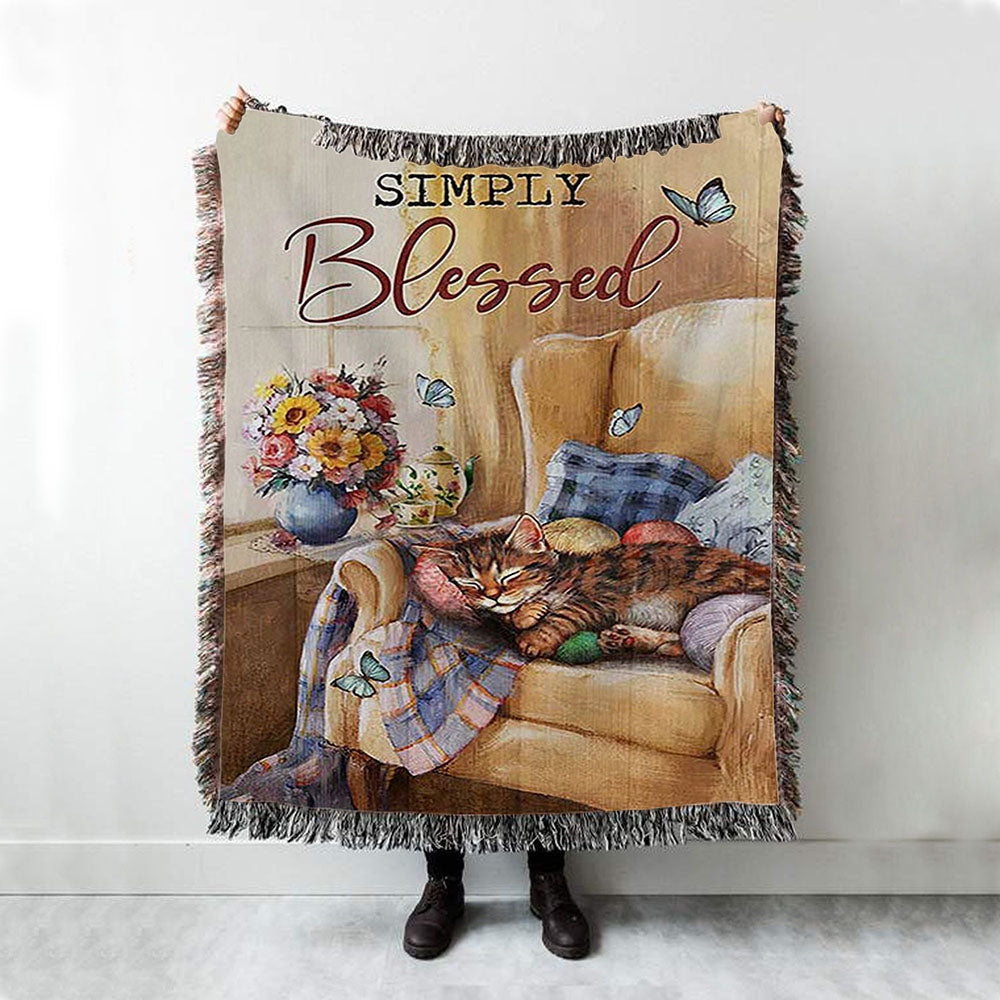 Simply Blessed Room Sleeping Cat Flower Woven Blanket Print - Inspirational Woven Blanket Art - Christian Throw Blanket Home Decor