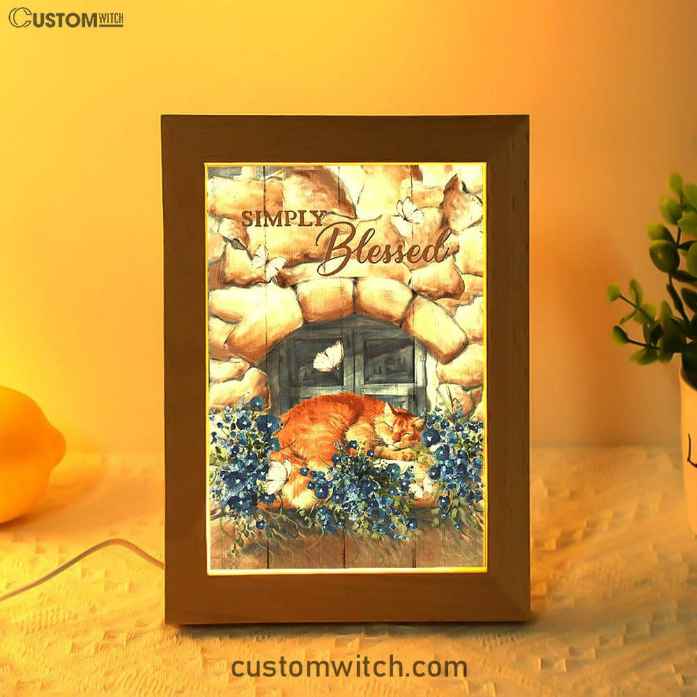Simply Blessed Sleeping Cat Stone Frame Lamp Art - Bible Verse Wooden Lamp - Inspirational Art - Christian Home Decor