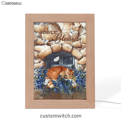 Simply Blessed Sleeping Cat Stone Frame Lamp Art - Bible Verse Wooden Lamp - Inspirational Art - Christian Home Decor