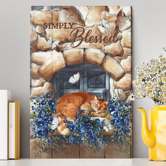 Simply Blessed Sleeping Cat Stone Wall Canvas Wall Art - Bible Verse Canvas Art - Inspirational Art - Christian Home Decor