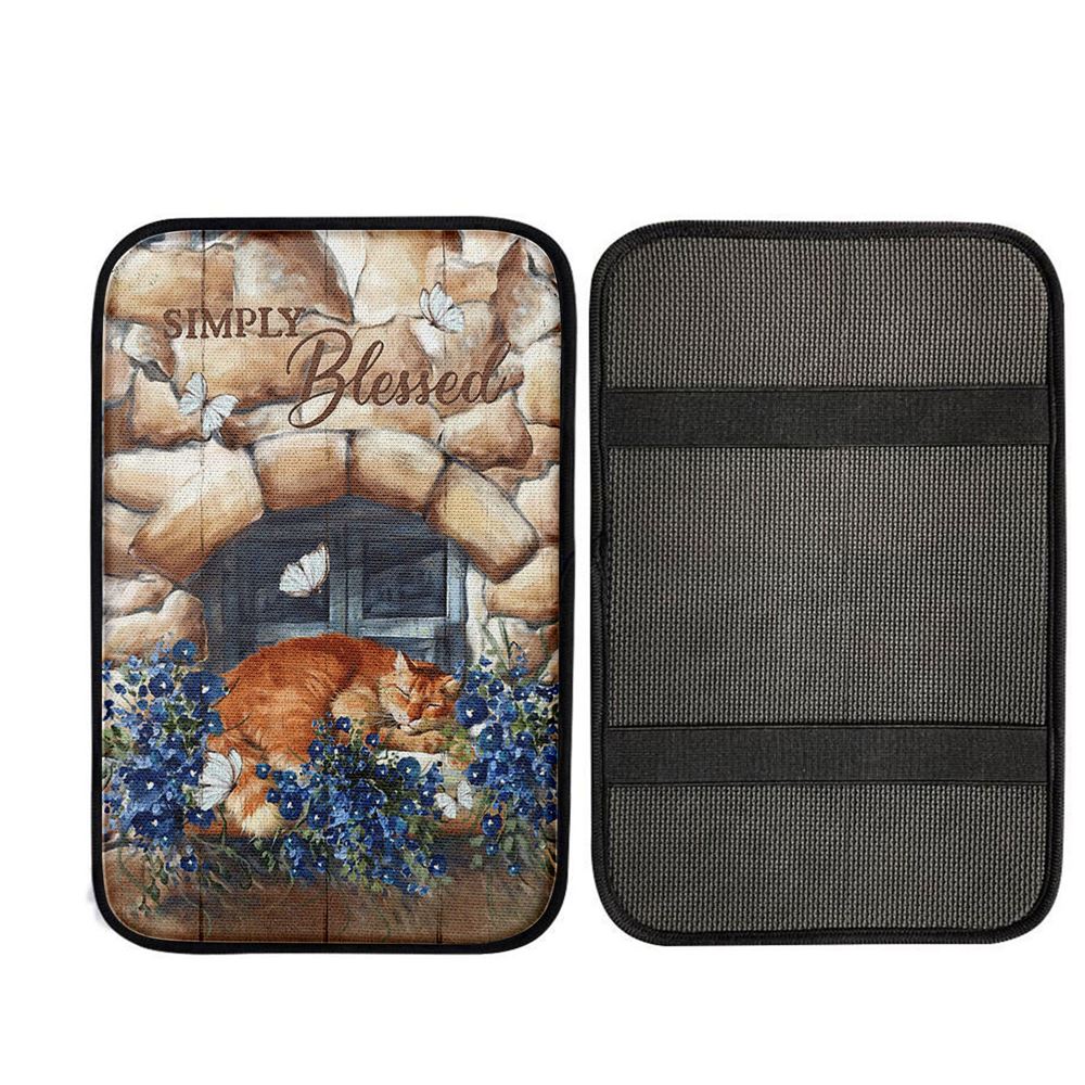 Simply Blessed Sleeping Cat Stone Wall Car Center Console Cover, Christian Gift Car Armrest Pad