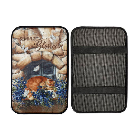 Simply Blessed Sleeping Cat Stone Wall Car Center Console Cover, Christian Gift Car Armrest Pad