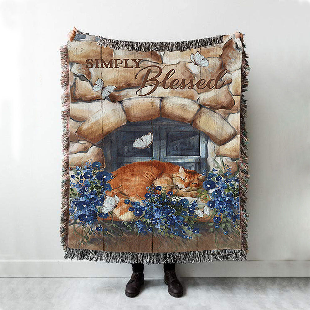 Simply Blessed Sleeping Cat Stone Wall Woven Throw Blanket - Bible Verse Woven Blanket Art - Inspirational Art - Christian Home Decor