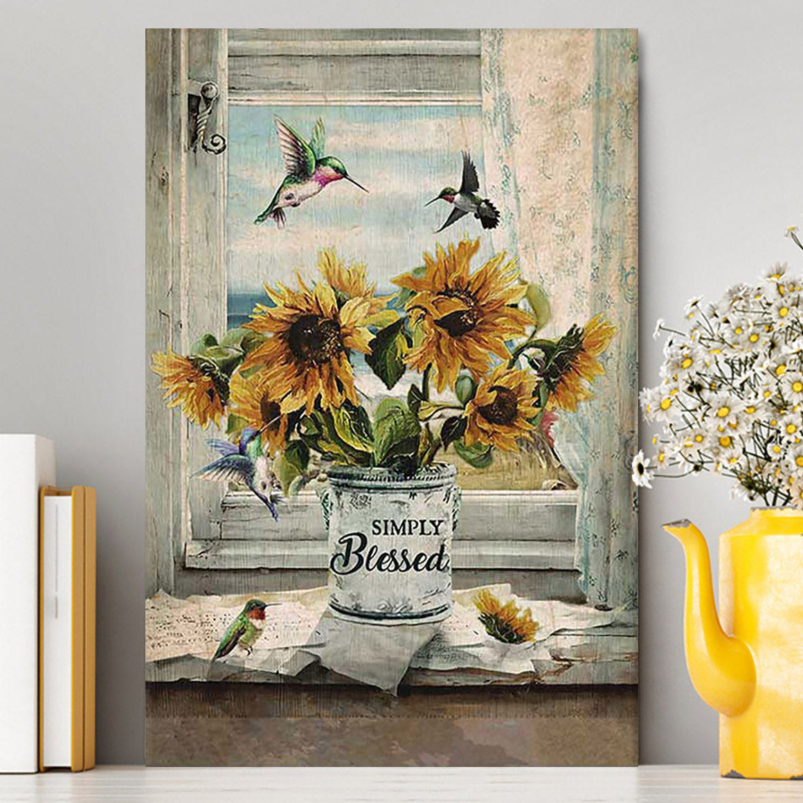 Simply Blessed Sunflower Hummingbird Canvas Print - Inspirational Canvas Art - Christian Wall Art Home Decor