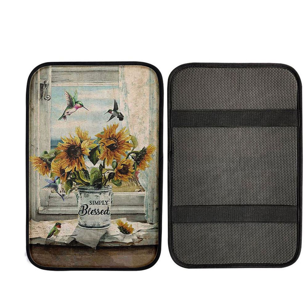 Simply Blessed Sunflower Hummingbird Car Center Console Cover, Christian Gift Car Armrest Pad