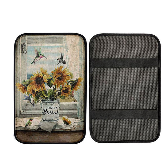 Simply Blessed Sunflower Hummingbird Car Center Console Cover, Christian Gift Car Armrest Pad