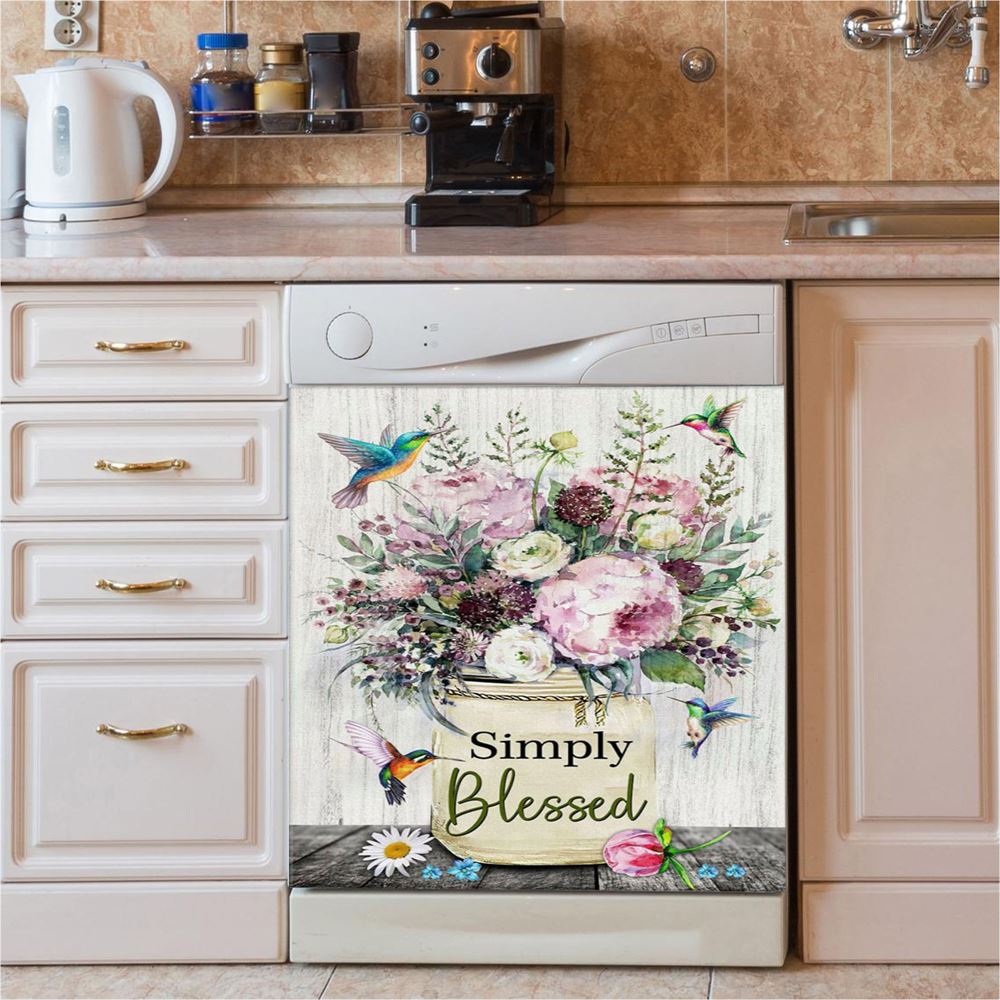 Simply Blessed Sunflower Hummingbird Dishwasher Cover, Inspirational Dishwasher Wrap, Christian Kitchen Decoration