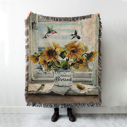 Simply Blessed Sunflower Hummingbird Woven Blanket Print - Inspirational Woven Blanket Art - Christian Throw Blanket Home Decor