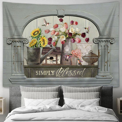 Simply Blessed Tulip Sunflower Hummingbird Tapestry Art - Bible Verse Wall Art - Wall Decor Christian