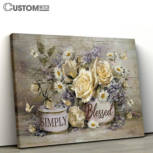 Simply Blessed Vintage Flower Yellow Butterfly Canvas Wall Art - Bible Verse Canvas - Religious Prints