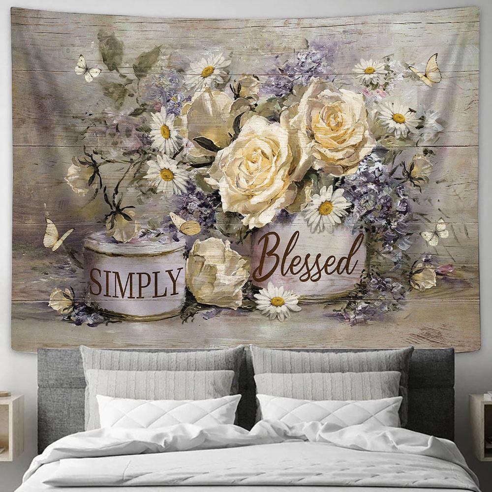Simply Blessed Vintage Flower Yellow Butterfly Tapestry Wall Art - Bible Verse Tapestry - Religious Tapestry Wall Hanging