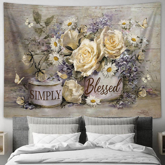 Simply Blessed Vintage Flower Yellow Butterfly Tapestry Wall Art - Bible Verse Tapestry - Religious Tapestry Wall Hanging