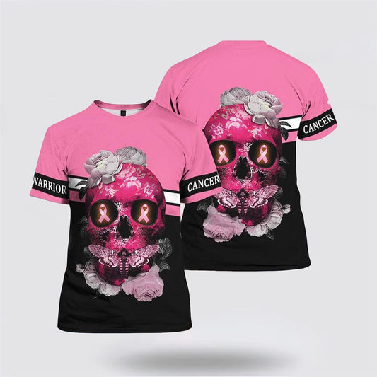 Skull Flower Breast Cancer Awareness All Over Print 3D T Shirt, Breast Cancer Gift Ideas, Unisex T Shirt