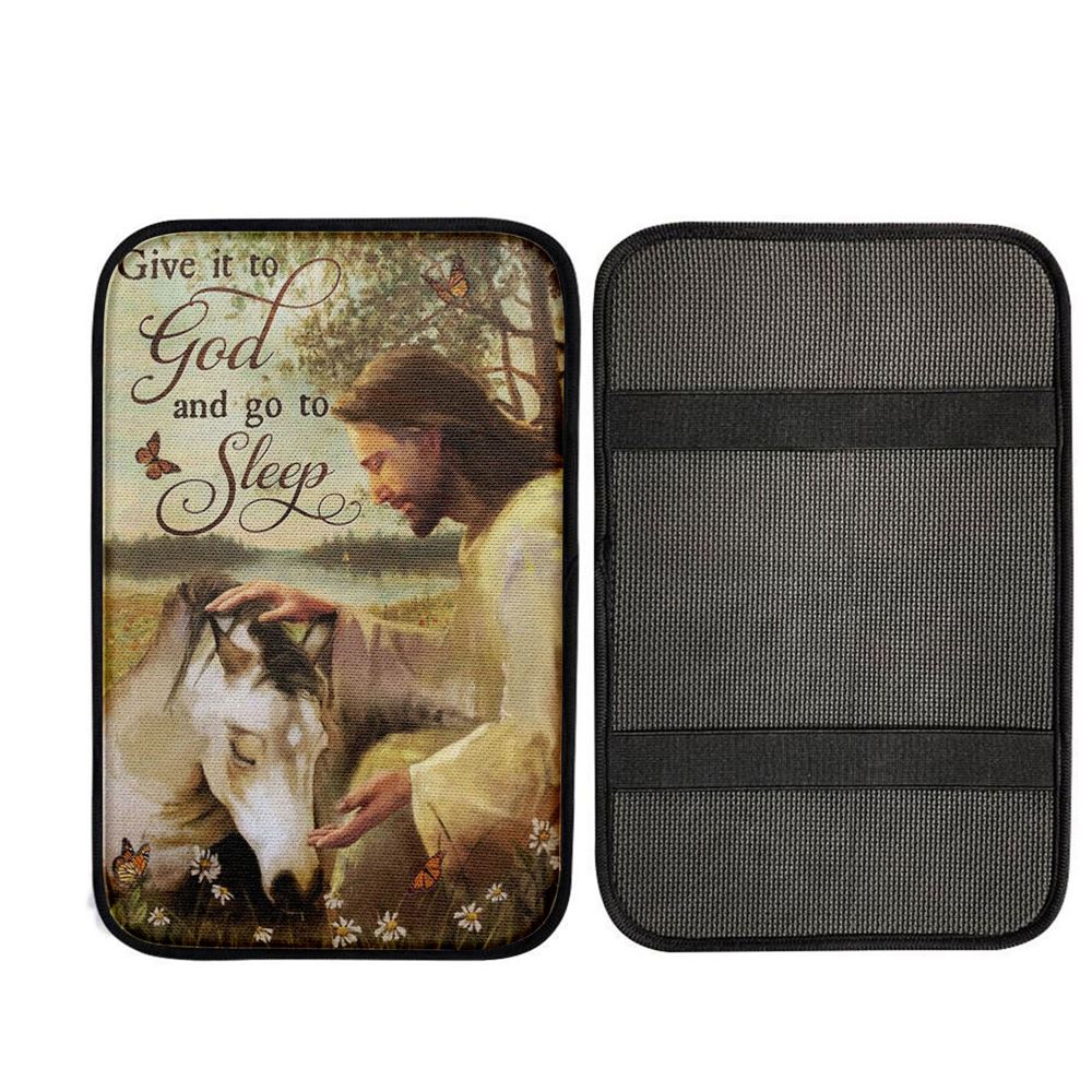 Sleeping Horse And Jesus Car Armrest Pad - Give It To God And Go To Sleep Car Center Console Cover, Christian Gift Car Armrest Pad