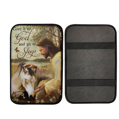 Sleeping Horse And Jesus Car Armrest Pad - Give It To God And Go To Sleep Car Center Console Cover, Christian Gift Car Armrest Pad