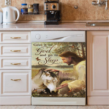 Sleeping Horse And Jesus Dishwasher Cover, Give It To God And Go To Sleep Dishwasher Wrap, Jesus Christ Kitchen Decoration